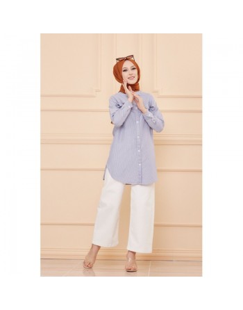 Tunique à froufrous pour femme (Tenue Hidjab) - Rayures couleur bleu 