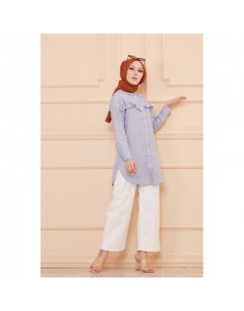 Tunique à froufrous pour femme (Tenue Hidjab) - Rayures couleur bleu 