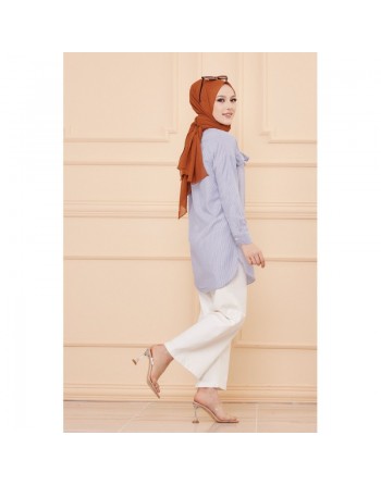 Tunique à froufrous pour femme (Tenue Hidjab) - Rayures couleur bleu 