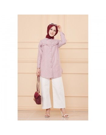 Tunique à froufrous pour femme (Tenue Hijab) - Rayures couleur bordeaux 