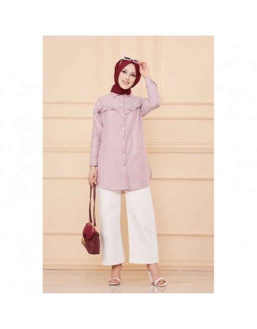 Tunique à froufrous pour femme (Tenue Hijab) - Rayures couleur bordeaux Tunique à froufrous pour femme (Tenue Hijab) - Rayures couleur bordeaux