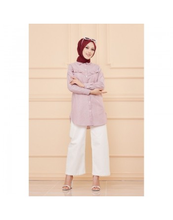 Tunique à froufrous pour femme (Tenue Hijab) - Rayures couleur bordeaux 