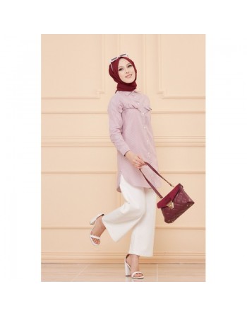 Tunique à froufrous pour femme (Tenue Hijab) - Rayures couleur bordeaux 