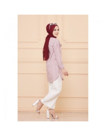 Tunique à froufrous pour femme (Tenue Hijab) - Rayures couleur bordeaux 