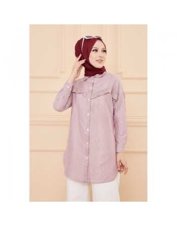 Tunique à froufrous pour femme (Tenue Hijab) - Rayures couleur bordeaux 