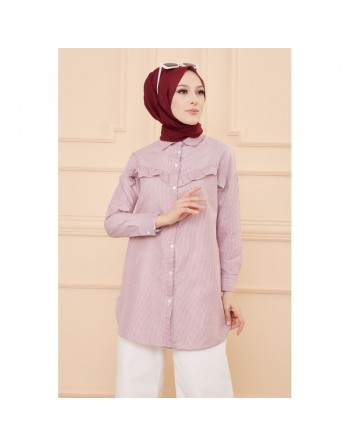 Tunique à froufrous pour femme (Tenue Hijab) - Rayures couleur bordeaux 