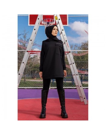 Tunique décontractée ample avec grande poche (Sweat femme Hijab) - Couleur noir 