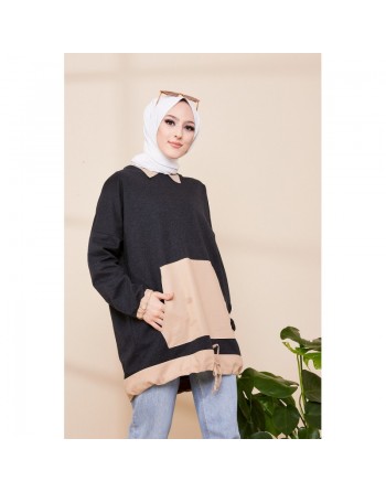 Tunique ample avec grandes poches et liens de serrage - Couleur anthracite et beige 