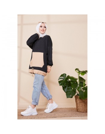 Tunique ample avec grandes poches et liens de serrage - Couleur anthracite et beige 