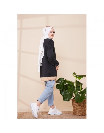 Tunique ample avec grandes poches et liens de serrage - Couleur anthracite et beige 