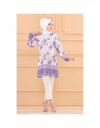 Tunique motif fleur et arabesque pour femme (Tenue Hijab Chic) - Couleur violet 