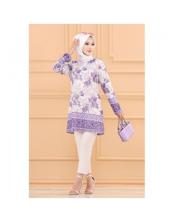 Tunique motif fleur et arabesque pour femme (Tenue Hijab Chic) - Couleur violet 