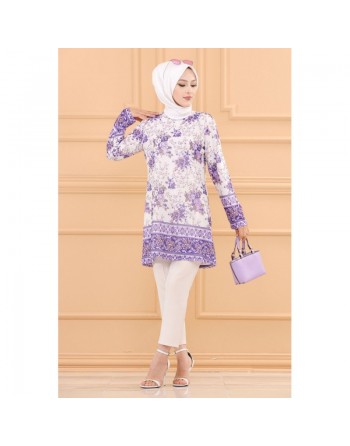 Tunique motif fleur et arabesque pour femme (Tenue Hijab Chic) - Couleur violet 