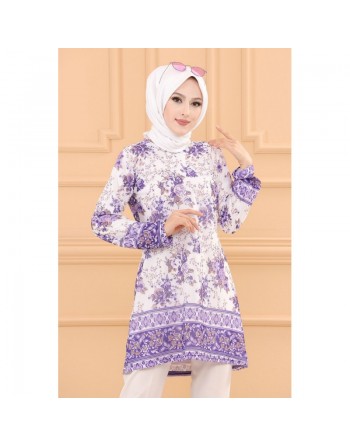 Tunique motif fleur et arabesque pour femme (Tenue Hijab Chic) - Couleur violet 