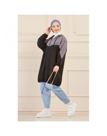 Veste décontractée pour femme - Tunique sport large avec capuche - Couleur noir et gris 
