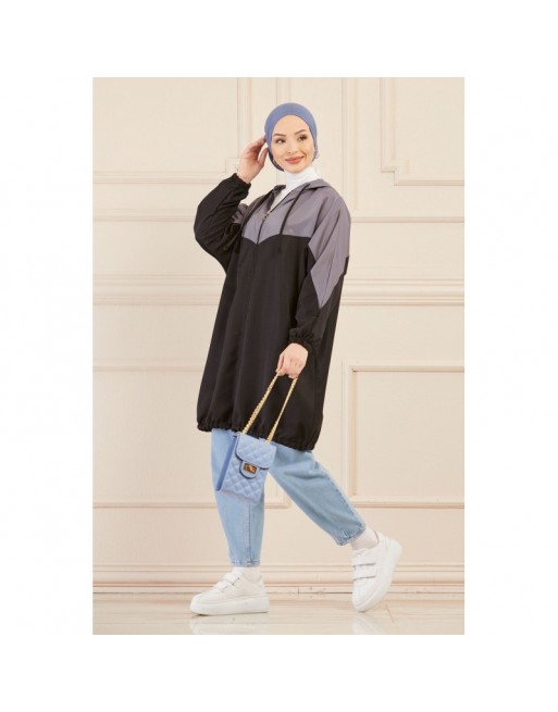 Veste décontractée pour femme - Tunique sport large avec capuche - Couleur noir et gris 