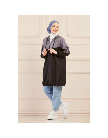 Veste décontractée pour femme - Tunique sport large avec capuche - Couleur noir et gris 
