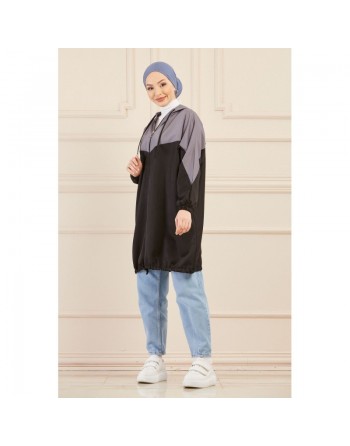 Veste décontractée pour femme - Tunique sport large avec capuche - Couleur noir et gris 