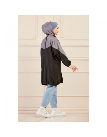 Veste décontractée pour femme - Tunique sport large avec capuche - Couleur noir et gris 
