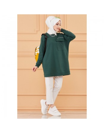 Tunique décontractée ample avec grande poche (Sweat femme Hijab) - Couleur vert émeraude 
