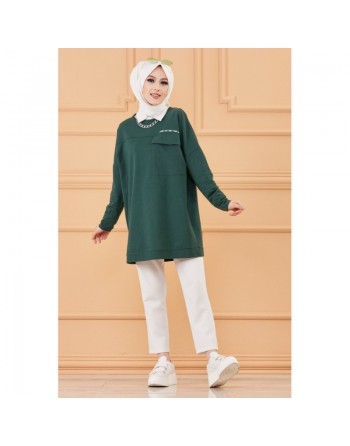 Tunique décontractée ample avec grande poche (Sweat femme Hijab) - Couleur vert émeraude 