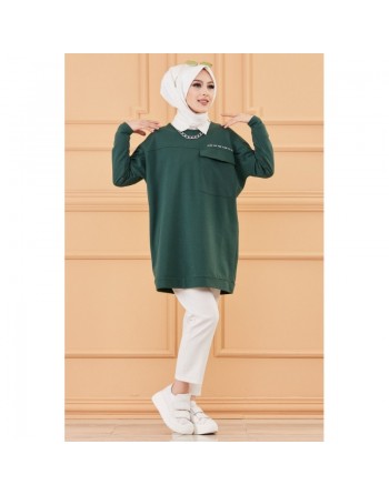 Tunique décontractée ample avec grande poche (Sweat femme Hijab) - Couleur vert émeraude 
