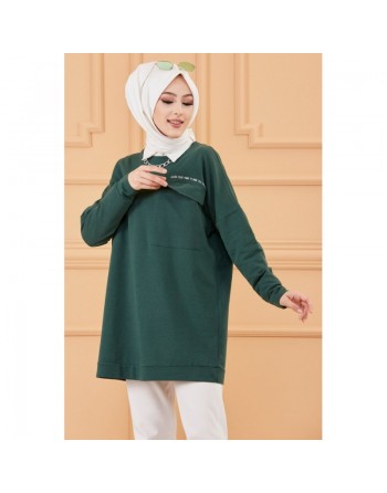 Tunique décontractée ample avec grande poche (Sweat femme Hijab) - Couleur vert émeraude 