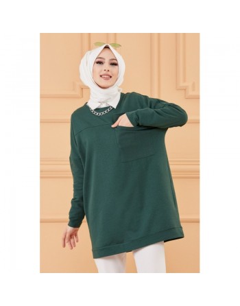 Tunique décontractée ample avec grande poche (Sweat femme Hijab) - Couleur vert émeraude 