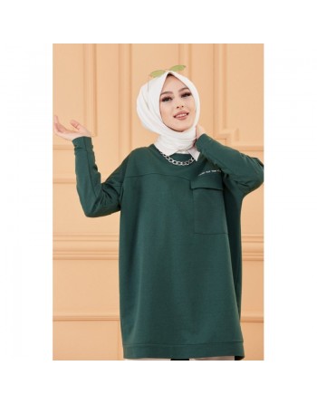 Tunique décontractée ample avec grande poche (Sweat femme Hijab) - Couleur vert émeraude 