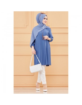 Tunique plissée style habillé pour femme (Vêtement élégant pour hijab) - Couleur bleu indigo 