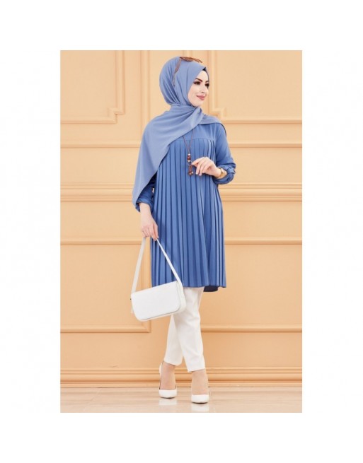 Tunique plissée style habillé pour femme (Vêtement élégant pour hijab) - Couleur bleu indigo Tunique plissée style habillé pour femme (Vêtement élégant pour hijab) - Couleur bleu indigo