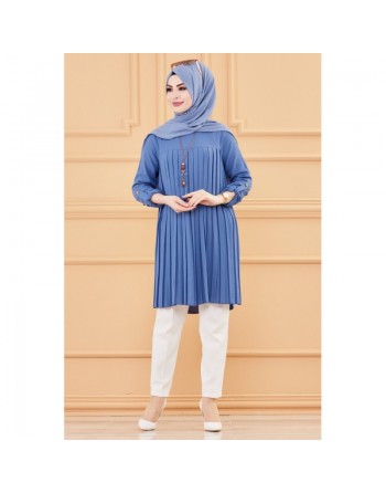 Tunique plissée style habillé pour femme (Vêtement élégant pour hijab) - Couleur bleu indigo 