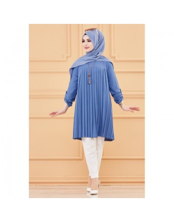 Tunique plissée style habillé pour femme (Vêtement élégant pour hijab) - Couleur bleu indigo 