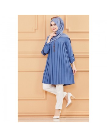 Tunique plissée style habillé pour femme (Vêtement élégant pour hijab) - Couleur bleu indigo 