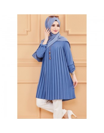 Tunique plissée style habillé pour femme (Vêtement élégant pour hijab) - Couleur bleu indigo 