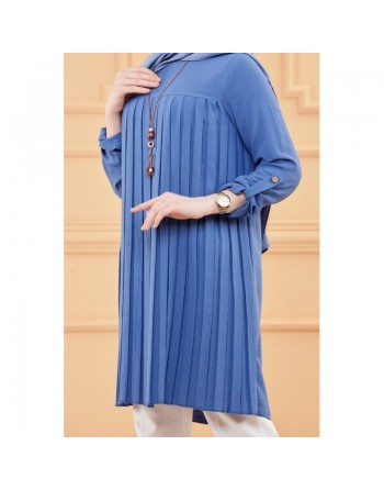 Tunique plissée style habillé pour femme (Vêtement élégant pour hijab) - Couleur bleu indigo 