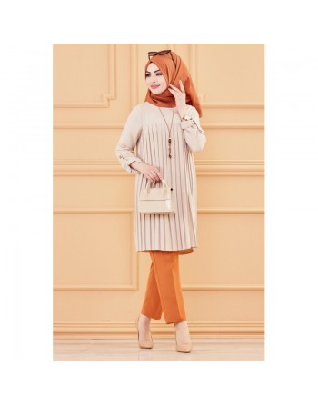 Tunique plissée style habillé pour femme (Vêtement élégant pour hijab) - Couleur beige 