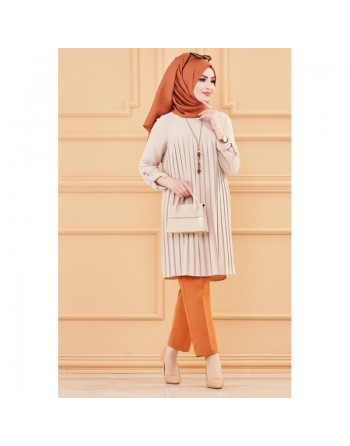 Tunique plissée style habillé pour femme (Vêtement élégant pour hijab) - Couleur beige 