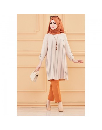 Tunique plissée style habillé pour femme (Vêtement élégant pour hijab) - Couleur beige 