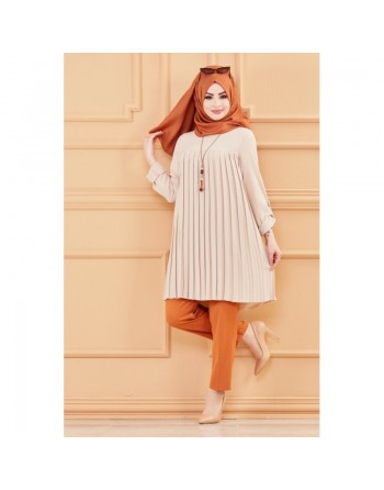 Tunique plissée style habillé pour femme (Vêtement élégant pour hijab) - Couleur beige 