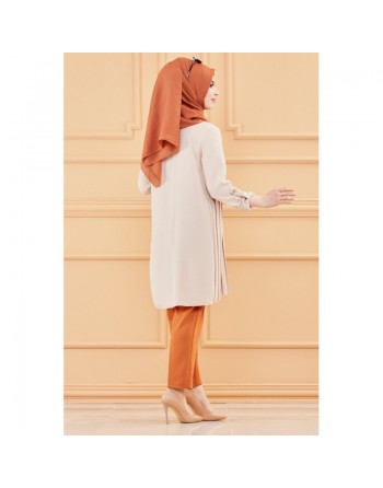 Tunique plissée style habillé pour femme (Vêtement élégant pour hijab) - Couleur beige 