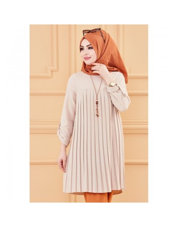 Tunique plissée style habillé pour femme (Vêtement élégant pour hijab) - Couleur beige 