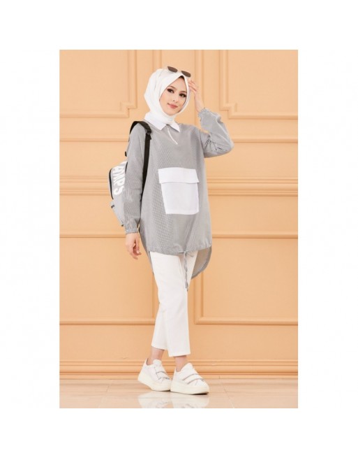 Tunique casual avec grande poche à l'avant (Vêtements islamiques modernes) - Couleur des rayures : noir Tunique casual avec grande poche à l'avant (Vêtements islamiques modernes) - Couleur des rayures : noir