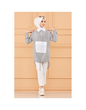 Tunique casual avec grande poche à l'avant (Vêtements islamiques modernes) - Couleur des rayures : noir 