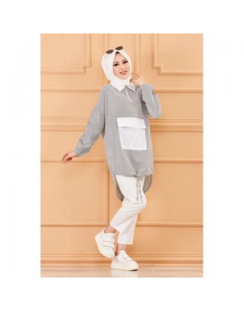 Tunique casual avec grande poche à l'avant (Vêtements islamiques modernes) - Couleur des rayures : noir 