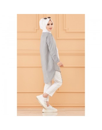 Tunique casual avec grande poche à l'avant (Vêtements islamiques modernes) - Couleur des rayures : noir 