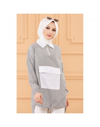Tunique casual avec grande poche à l'avant (Vêtements islamiques modernes) - Couleur des rayures : noir 