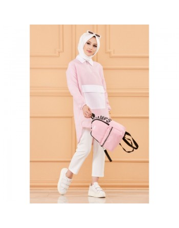 Tunique casual avec grande poche à l'avant (Vêtement islamique moderne) - Couleur des rayures : rose 