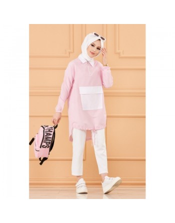 Tunique casual avec grande poche à l'avant (Vêtement islamique moderne) - Couleur des rayures : rose 