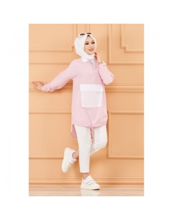 Tunique casual avec grande poche à l'avant (Vêtement islamique moderne) - Couleur des rayures : rose 
